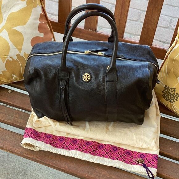 Tory Burch Black Leather Boston Handbag Purse Top Handle W/ Dust Bag - Picture 2 of 15